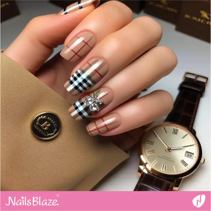 Classy Burberry Nail Design with Rhinestones | Branded Nails - NB4229