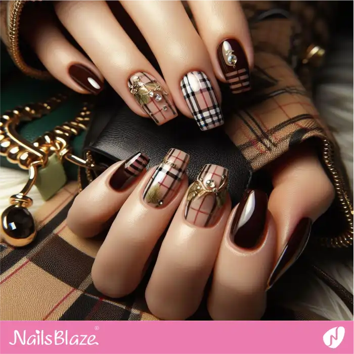 Burberry Pattern on Nails with Embellishments | Branded Nails - NB4233