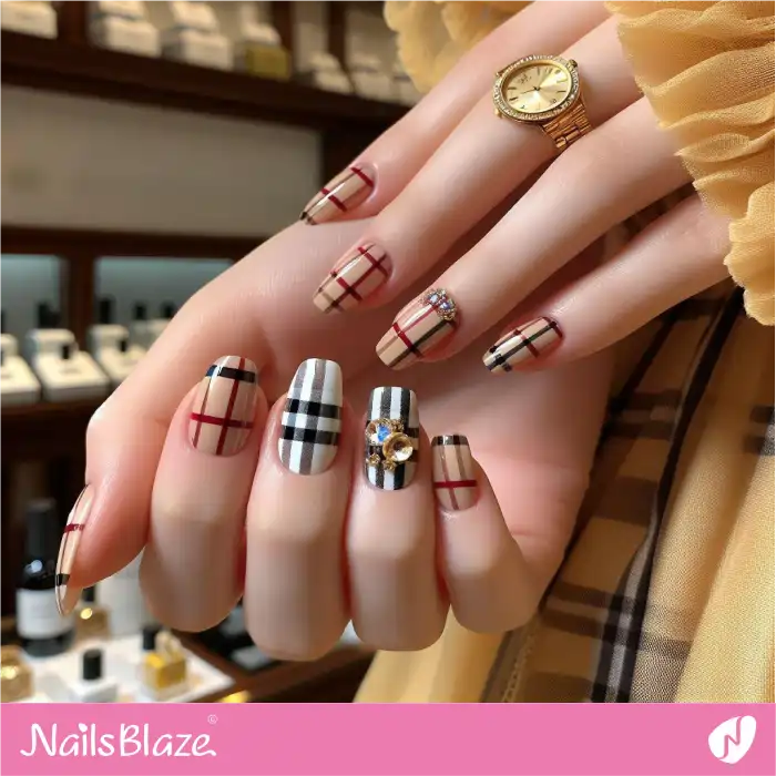 Nude Nails with Burberry Pattern | Branded Nails - NB4234