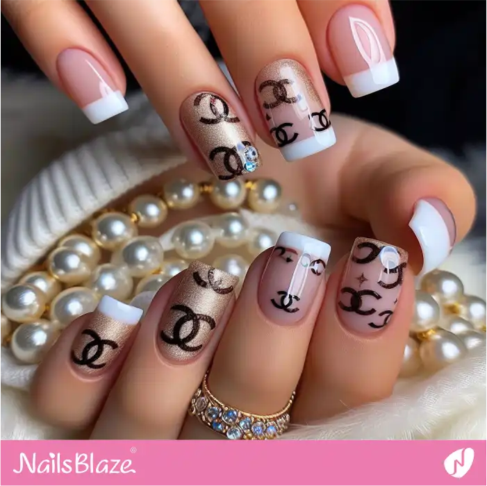 Embellished Chanel-inspired French Manicure Design | Branded Nails - NB4237