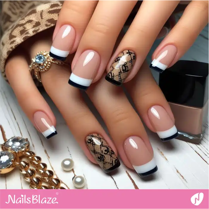 Chanel-inspired Double French Nails | Branded Nails - NB4247