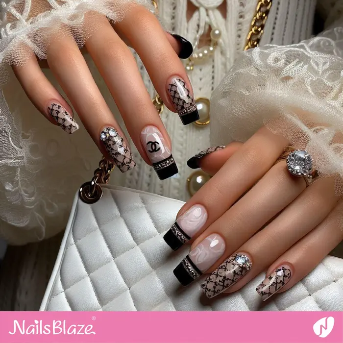 Chanel Theme Long French Nails | Branded Nails - NB4248