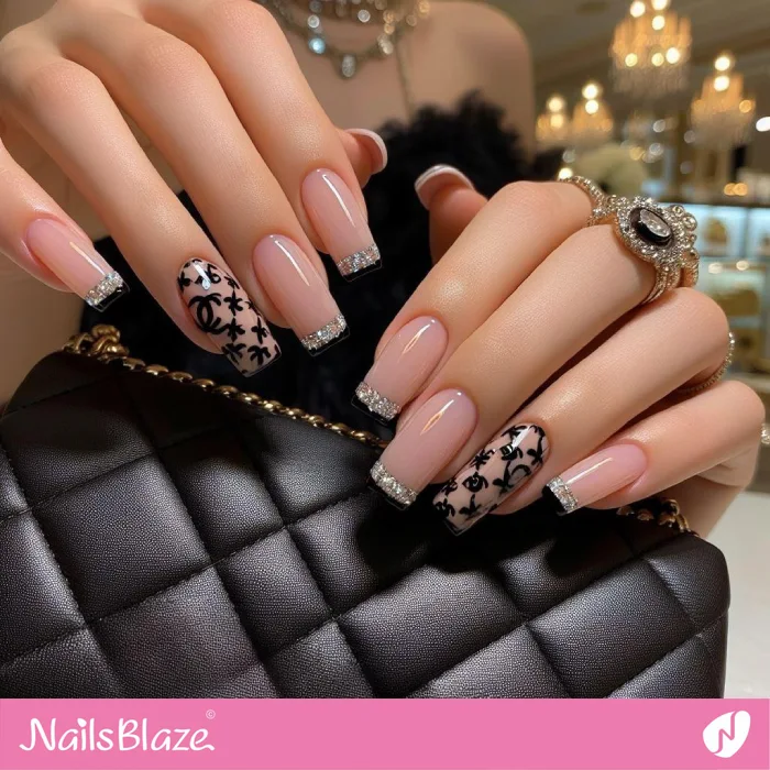 Chanel-inspired Nails with Glitter Tips | Branded Nails - NB4239