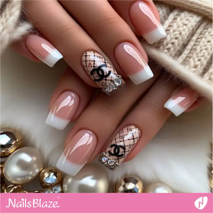 White French Nails Chanel-inspired Design | Branded Nails - NB4242