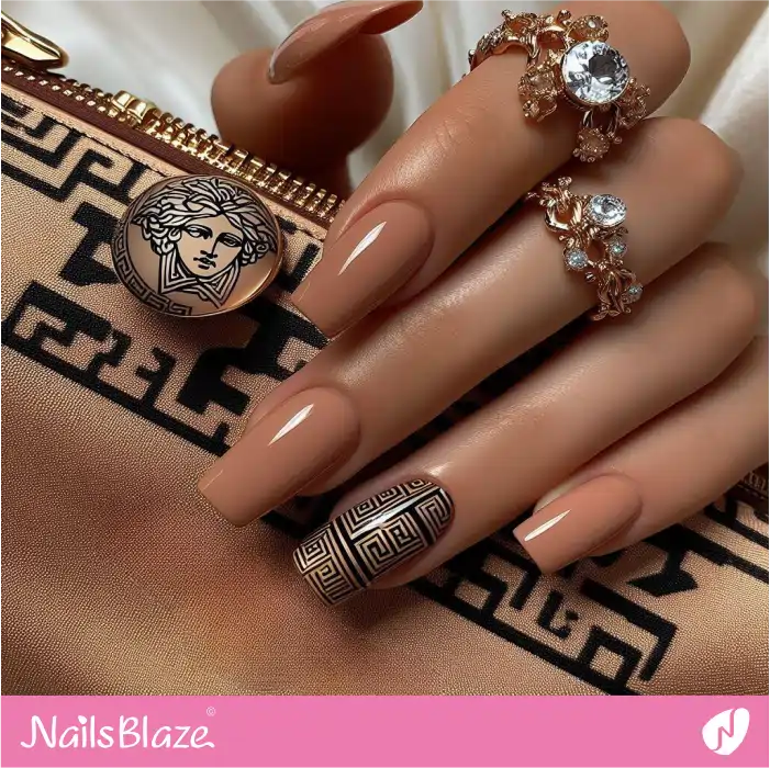 Nude Nails with Versace Greek Pattern | Branded Nails - NB4265
