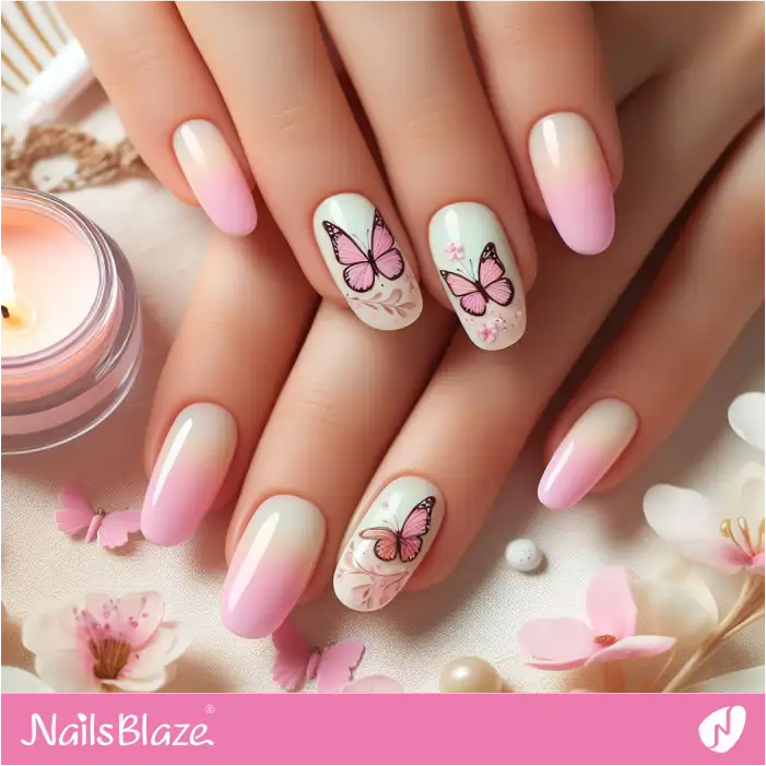 Pink Ombre Nails Butterfly Design | Spring Nails - NB4358
