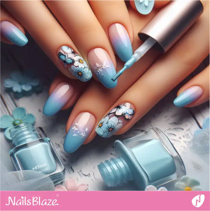 Blue Nails with Butterflies and Flowers | Spring Nails - NB4360