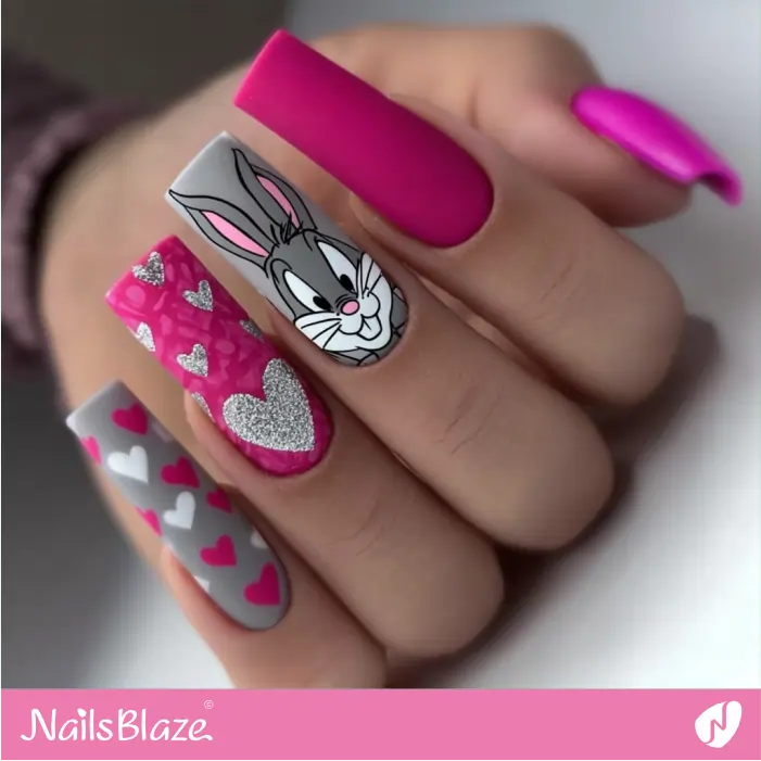 Pink and Gray Bugs Bunny Nails | Cartoon Nails- NB8358