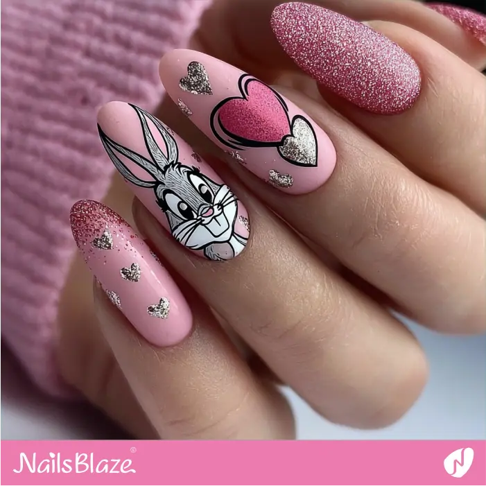 Pink Bugs Bunny Nails with Glitter | Cartoon Nails- NB8370