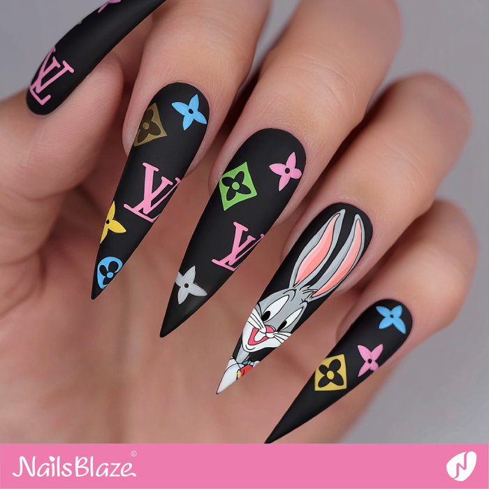 Louis Vuitton Black Nails with Bugs Bunny Accent | Cartoon Nails- NB8371