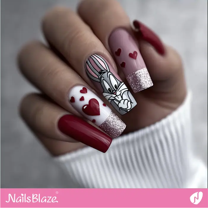 Bugs Bunny Nails with Hearts and Glitter Design | Cartoon Nails- NB8362