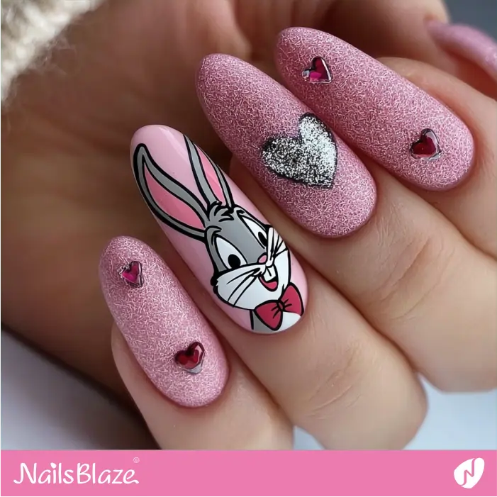 Pink Glittery Nails with Bugs Bunny and Heart Motifs | Cartoon Nails- NB8364