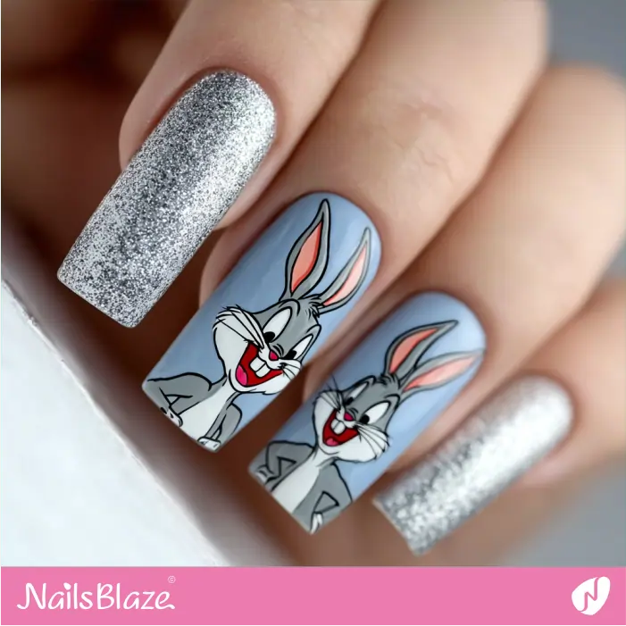 Bugs Bunny Nails with Silver Glitter Accents | Cartoon Nails- NB8365
