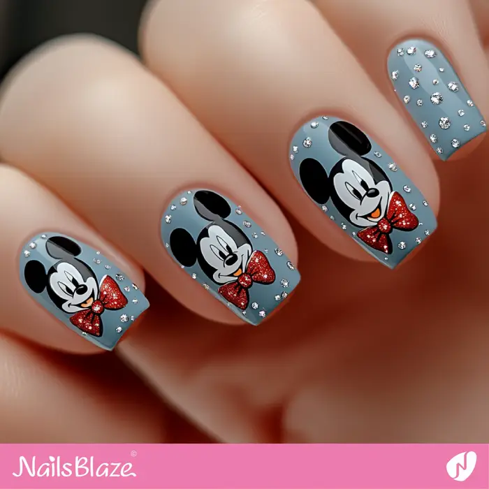 Short Mickey Mouse Nails with Rhinestones | Cartoon Nails - NB6634