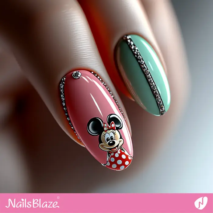 Embellished Blue and Pink Nails with Mini Mouse | Cartoon Nails - NB6641