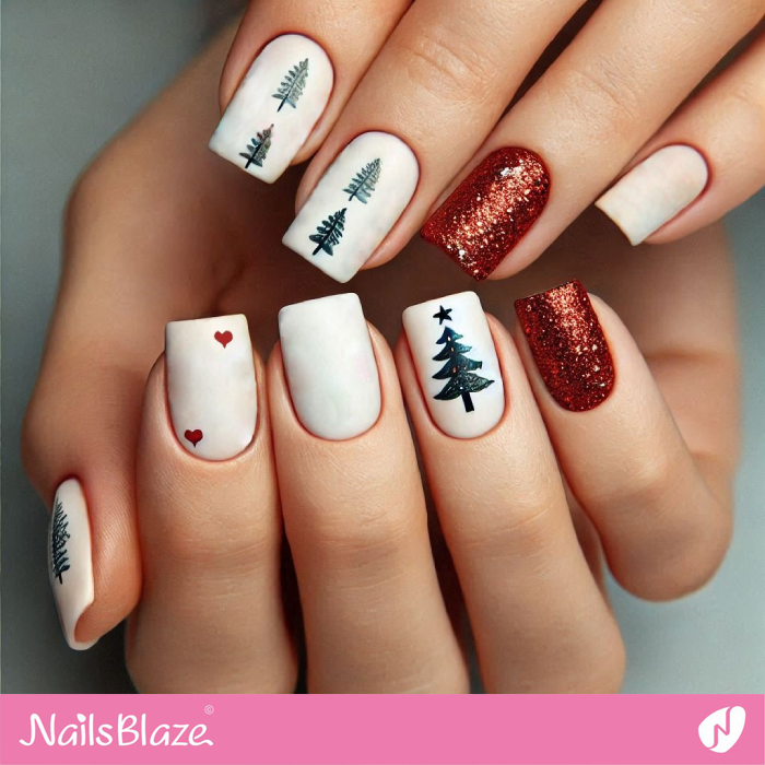 Christmas Tree Nails and Red Glitter Accents | Christmas Tree Nails - NB6838