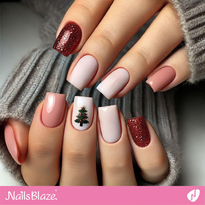 Pink Nails with Christmas Tree Accent | Christmas Tree Nails - NB6840