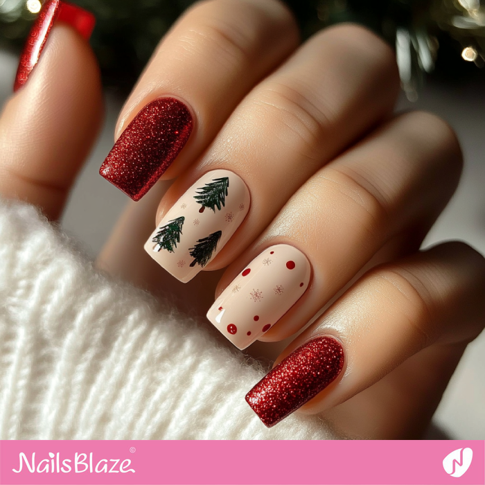 Red Glitter Nails and Christmas Tree Design | Christmas Tree Nails - NB6843