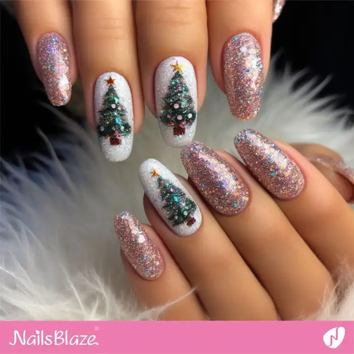 Pink and White Christmas Tree Nails | Christmas | Winter - NB1233