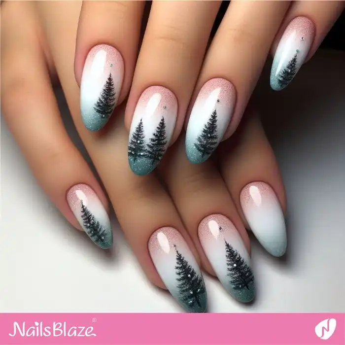 Snowy Ombre Nails with Christmas Trees | Winter - NB1271