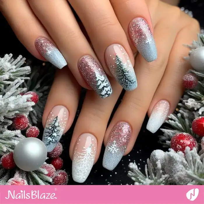 Snowy Glitter Ombre Christmas Tree Nails | Winter - NB1276