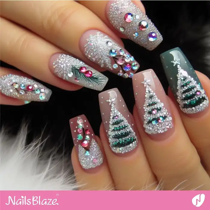 Christmas Tree Nail Design with Rhinestone | Winter - NB1288