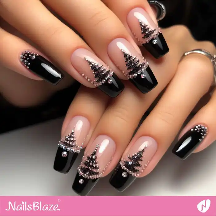 Glossy French Christmas Tree Nails with Rhinestone | Winter - NB1291
