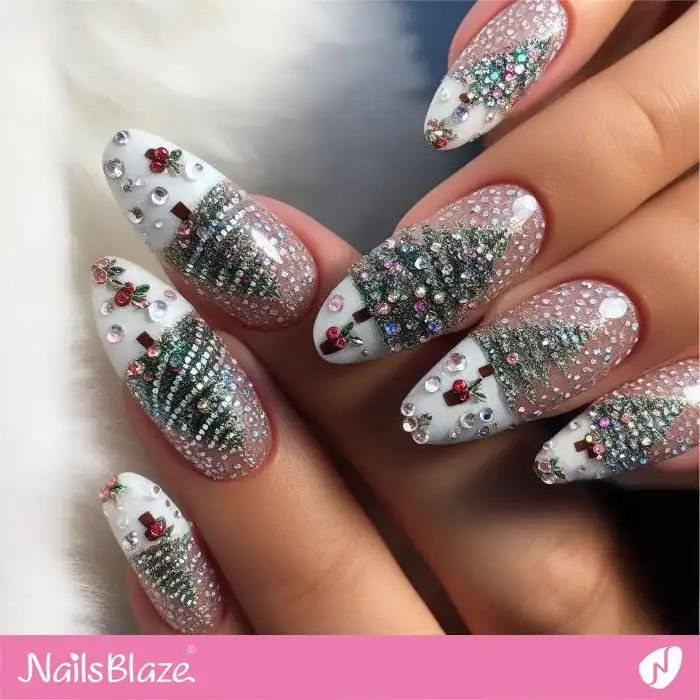 Full Rhinestone French Nails with Christmas Trees | Winter - NB1294