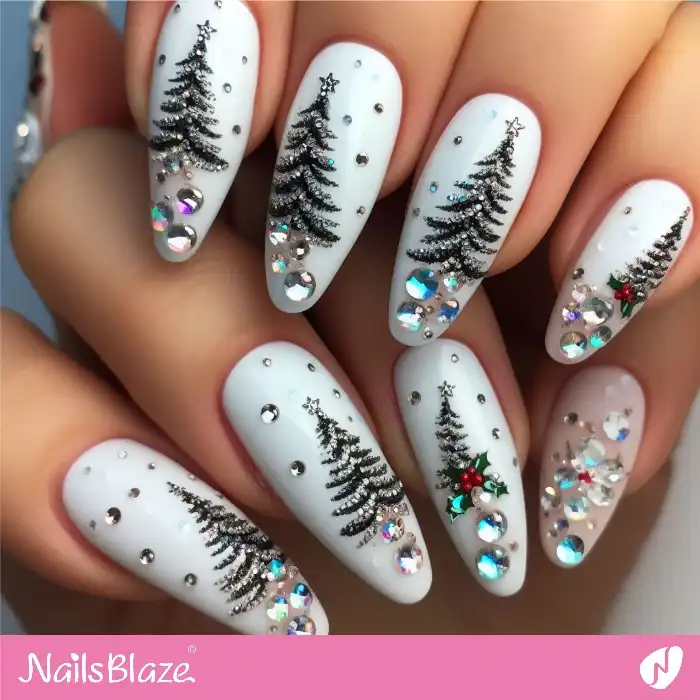 Christmas Tree Nails with Rhinestones | Winter - NB1296