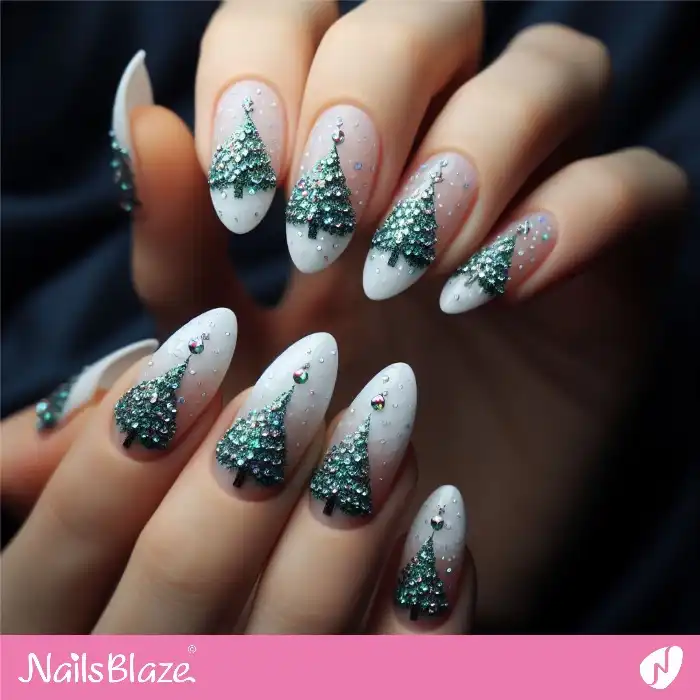 Ombre French Christmas Tree Nails with Rhinestones | Winter - NB1297