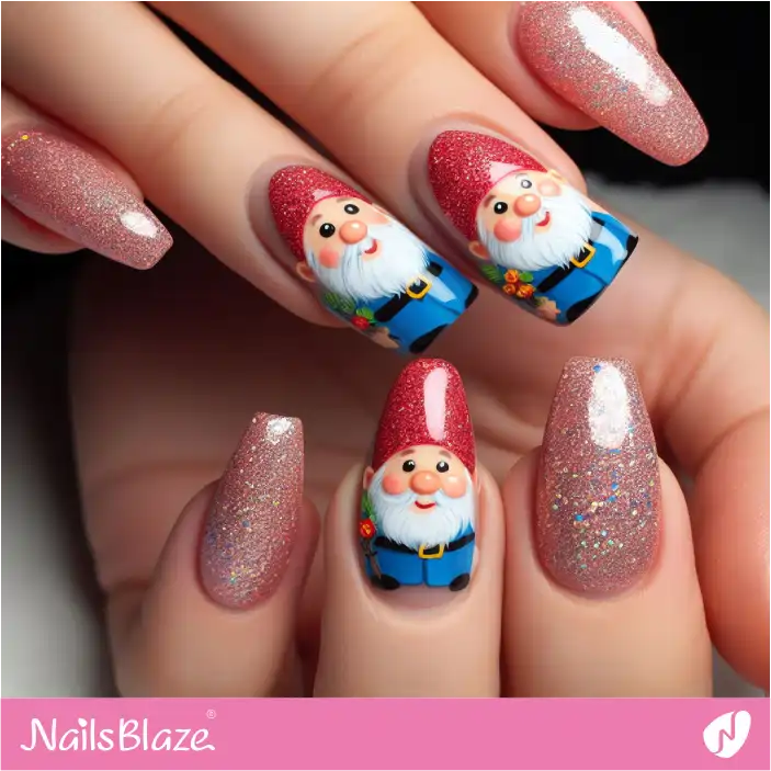 Pink Glitter Nails with Gnome | Christmas Nails - NB1397