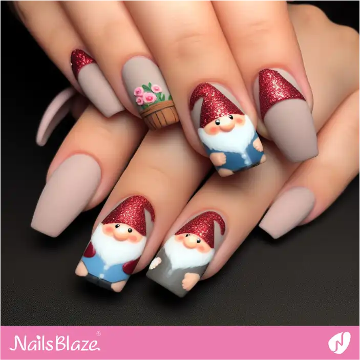 Matte Gnome Nails with Glitter Hat Design | Christmas Nails - NB1399