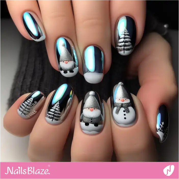 Silver Chrome Nails with Gnome Design | Christmas Nails - NB1401