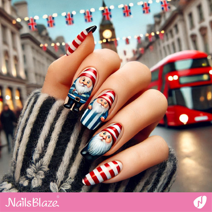 Striped Nails with Gnome Design | Christmas Gnome Nails - NB6815