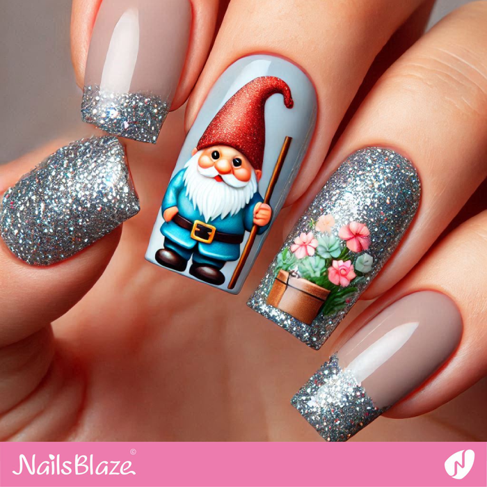 Gnome Accent for Silver Glitter Nails | Christmas Gnome Nails - NB6818