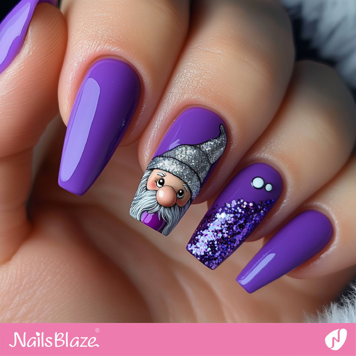 Silver Hat Gnome Design on Purple Nails | Christmas Gnome Nails - NB6819