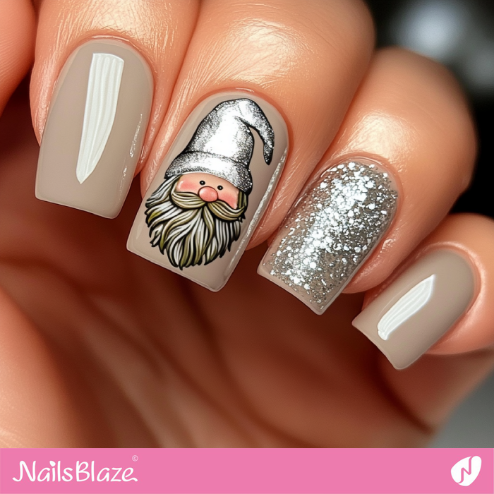 Short Pale Taupe Nails Gnome Design | Christmas Gnome Nails - NB6820