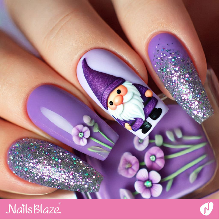 Cute Gnome for Embellished Purple Nails | Christmas Gnome Nails - NB6822