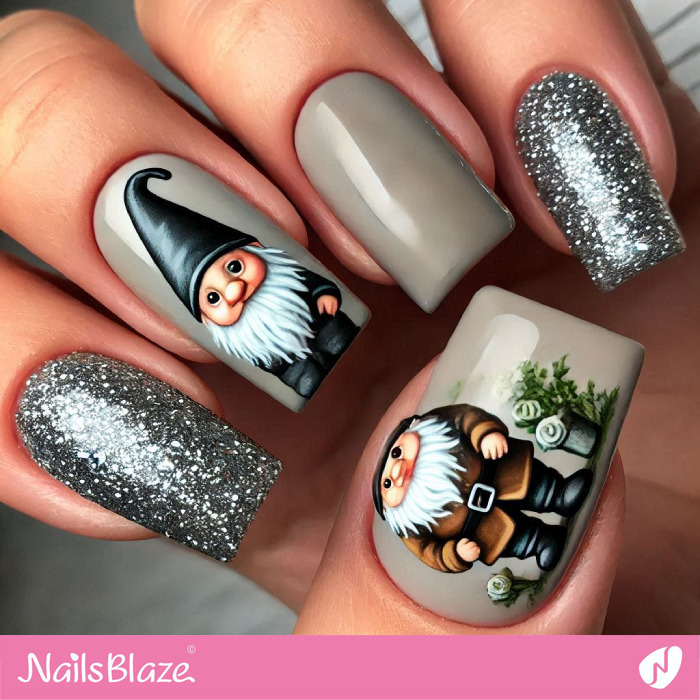 Dusty Gray Nails with Gnome Design | Christmas Gnome Nails - NB6823