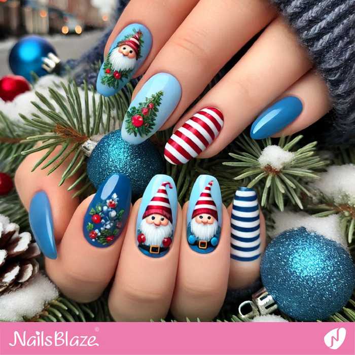 Christmas Blue Nails with Gnome | Christmas Gnome Nails - NB6824