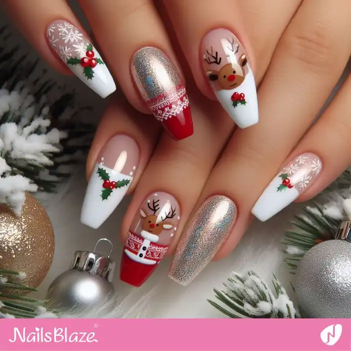 Red and White Reindeer French Nails | Christmas Nails - NB1370