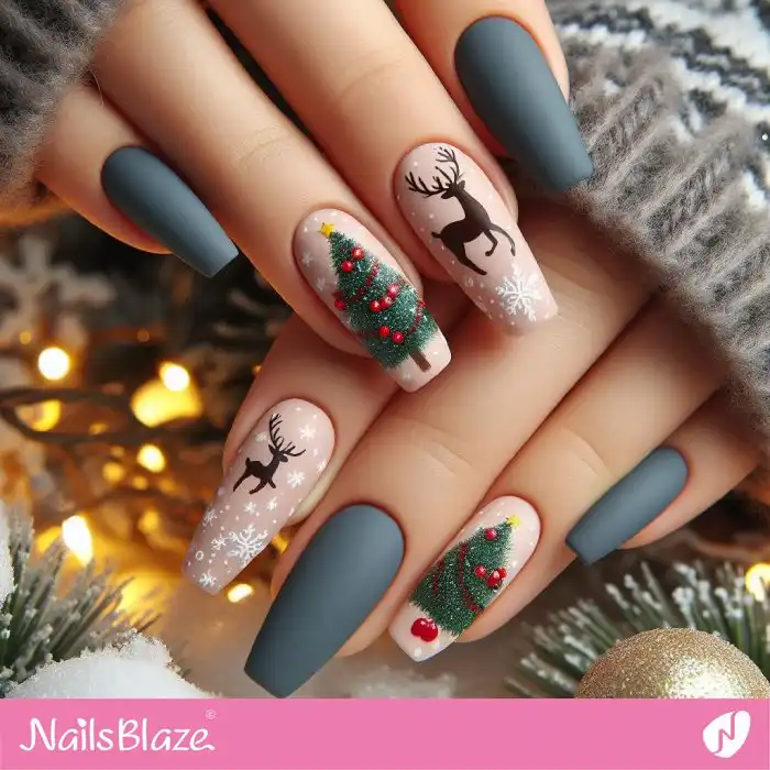 Decorated Christmas Tree and Silhouette Reindeer Nails | Christmas Nails - NB1372