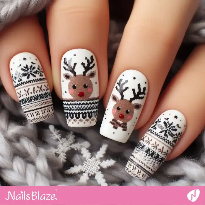 Knitted Pattern Nails with Reindeer | Christmas Nails - NB1373