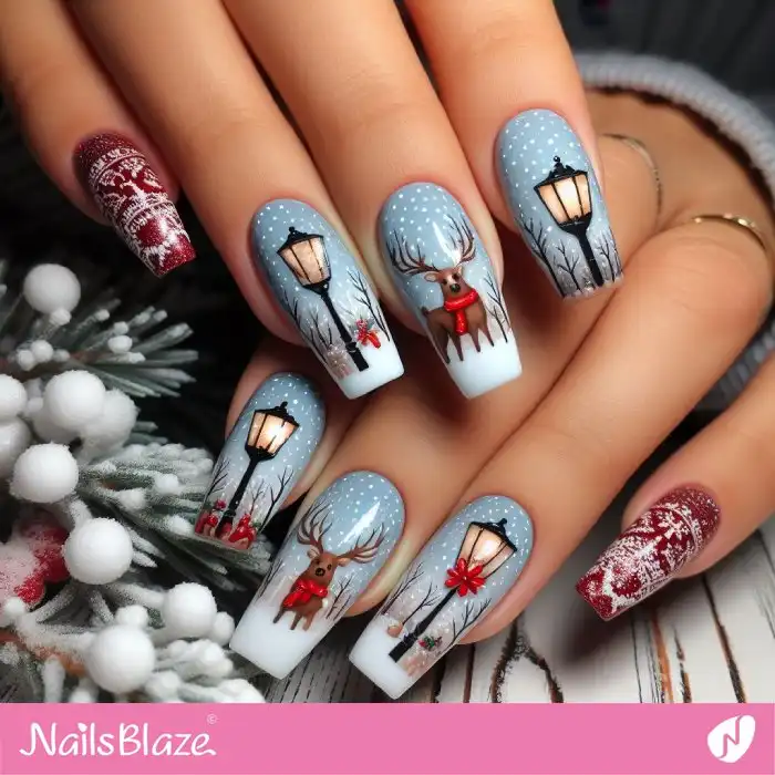 Lamppost with Falling Snow and Reindeer Nail Design | Christmas Nails - NB1374