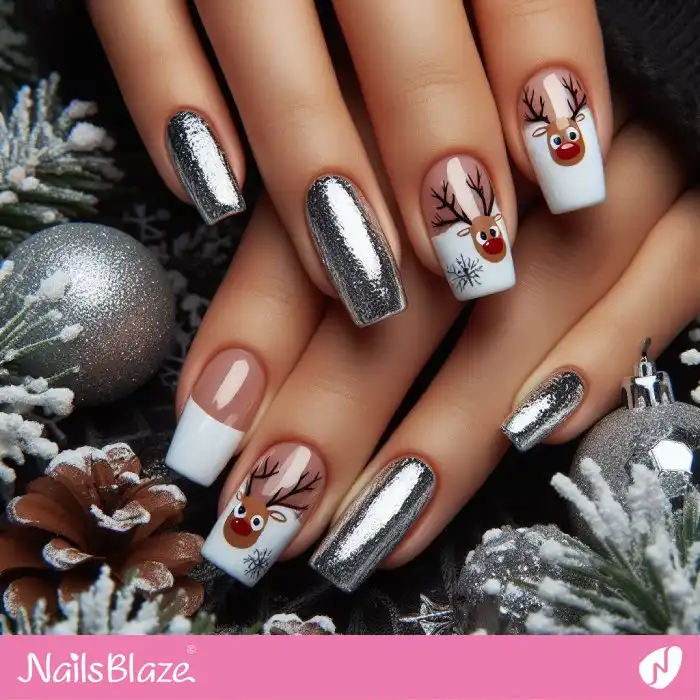 Silver and White Reindeer French Nails | Christmas Nails - NB1376