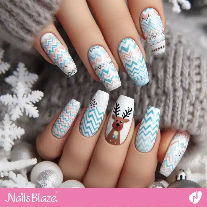 Matte Zig Zag Nails with Reindeer | Christmas Nails - NB1378