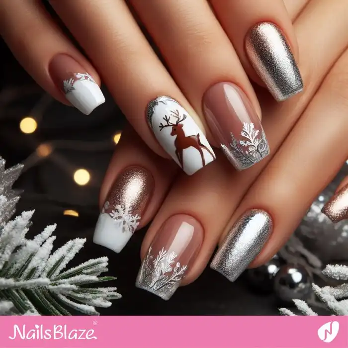 Reindeer Design for Silver and White Nails | Christmas Nails - NB1380
