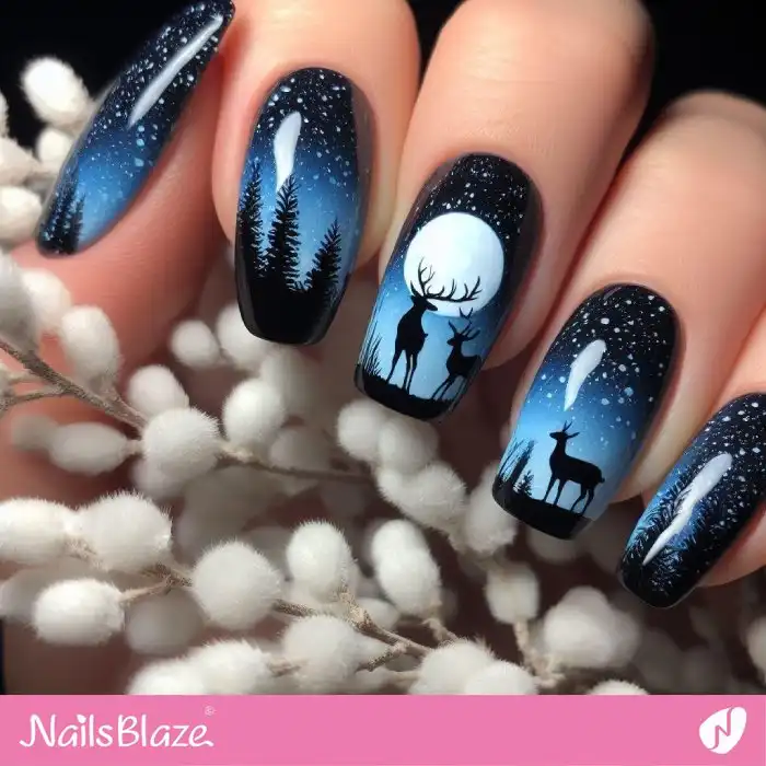 Nails with Silhouette Reindeers in Moonlight | Christmas Nails - NB1381