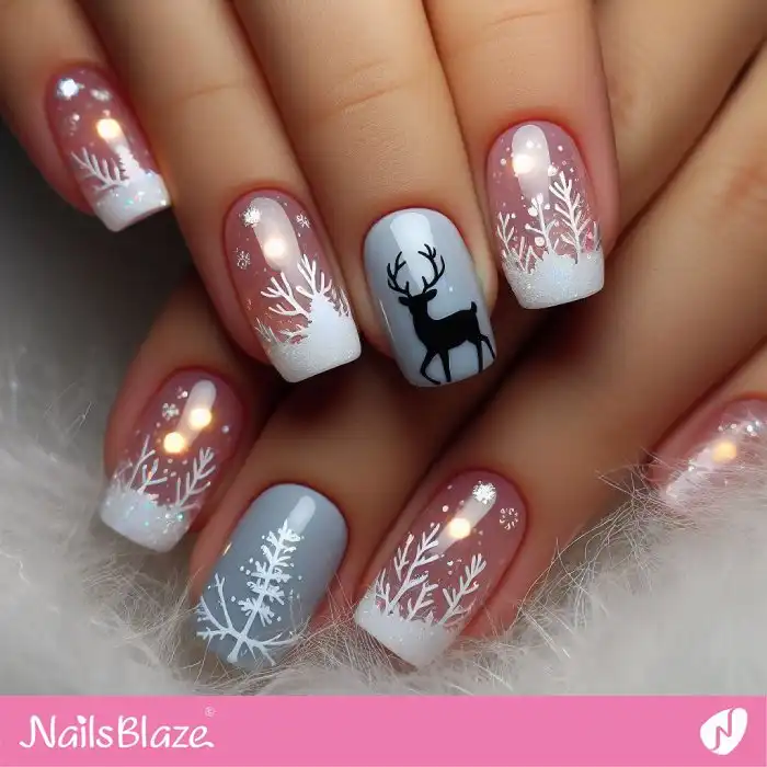 Winter Glitter French Nails with Reindeer | Christmas Nails - NB1386