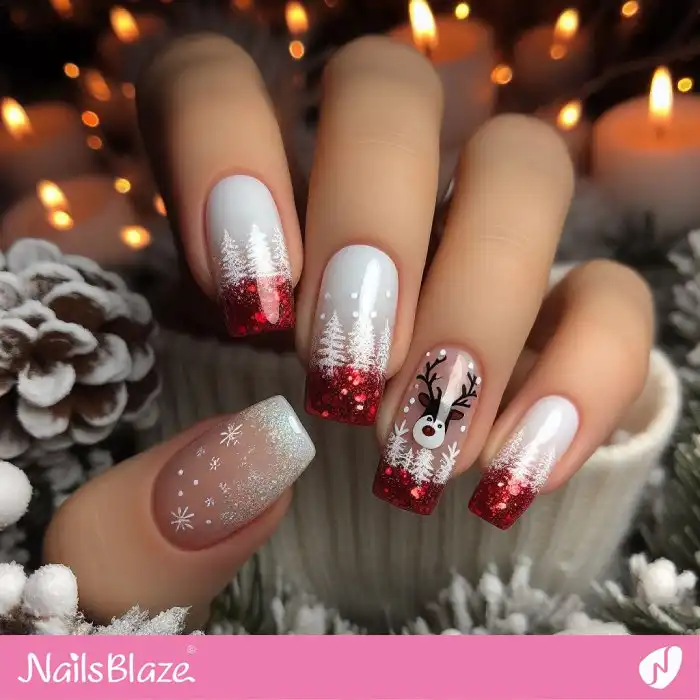 Glitter French with Reindeer Head Design | Christmas Nails - NB1387